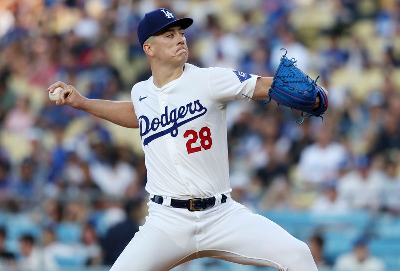 Jul 2, 2024; Los Angeles, California, USA;  Los Angeles Dodgers starting pitcher Bobby Miller (28) pitches during the first inning against the Arizona Diamondbacks at Dodger Stadium. Mandatory Credit: Kiyoshi Mio-USA TODAY Sports