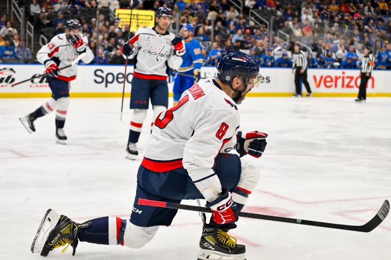 Nov 9, 2024; St. Louis, Missouri, USA;  Washington Capitals left wing Alex Ovechkin (8) reacts after scoring against the St. Louis Blues during the third period at Enterprise Center. Mandatory Credit: Jeff Curry-Imagn Images