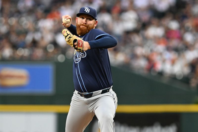 Sep 25, 2024; Detroit, Michigan, USA;  Tampa Bay Rays starting pitcher Zack Littell (52) throws a pitch against the Detroit Tigers in the first inning at Comerica Park. Mandatory Credit: Lon Horwedel-Imagn Images