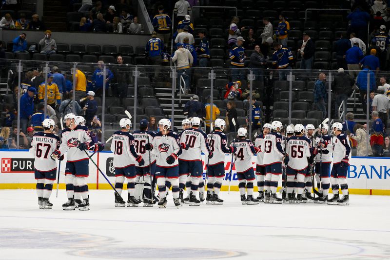 Oct 1, 2024; St. Louis, Missouri, USA;  Columbus Blue Jackets celebrate after defeating the St. Louis Blues at Enterprise Center. Mandatory Credit: Jeff Curry-Imagn Images