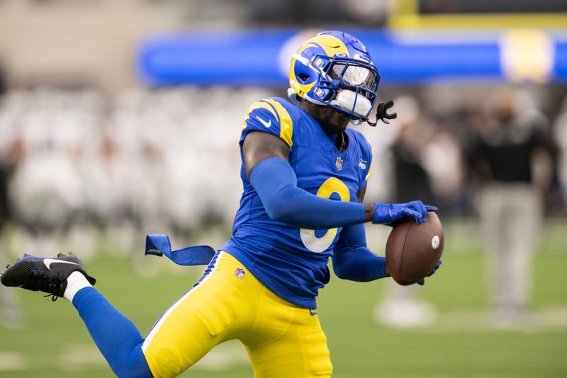 Los Angeles Rams cornerback Robert Rochell (8) catches the ball before an NFL preseason football game against the Las Vegas Raiders, Saturday, Aug. 19, 2023, in Inglewood, Calif. (AP Photo/Kyusung Gong)