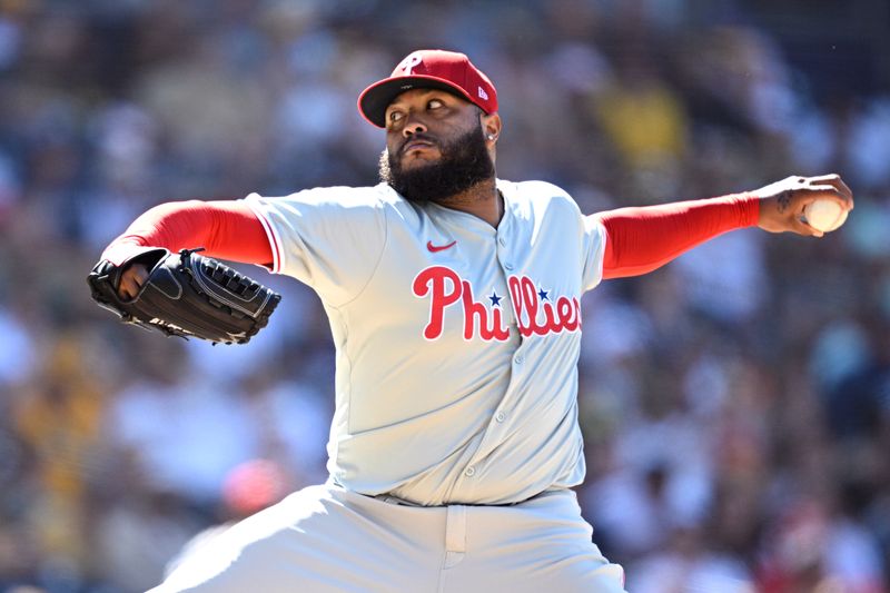 Apr 28, 2024; San Diego, California, USA; Philadelphia Phillies relief pitcher Jose Alvarado (46) throws a pitch against the San Diego Padres during the ninth inning at Petco Park. Mandatory Credit: Orlando Ramirez-USA TODAY Sports