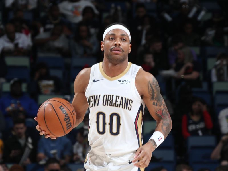 NEW ORLEANS, LA - FEBRUARY 25: Bruce Brown #00 of the New Orleans Pelicans dribbles the ball during the game against the San Antonio Spurs on February 25, 2025 at the Smoothie King Center in New Orleans, Louisiana. NOTE TO USER: User expressly acknowledges and agrees that, by downloading and or using this Photograph, user is consenting to the terms and conditions of the Getty Images License Agreement. Mandatory Copyright Notice: Copyright 2025 NBAE (Photo by Layne Murdoch Jr./NBAE via Getty Images)