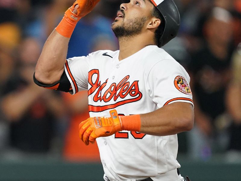 Aug 24, 2023; Baltimore, Maryland, USA; Baltimore Orioles outfielder Anthony Santander (25) reacts following his two run home run in the fourth inning against the Toronto Blue Jays at Oriole Park at Camden Yards. Mandatory Credit: Mitch Stringer-USA TODAY Sports