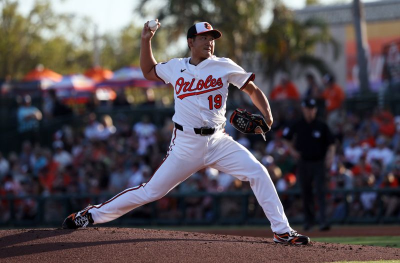 Mar 14, 2025; Sarasota, Florida, USA; Baltimore Orioles starting pitcher Tomoyuki Sugano (19) throws a pitch during the second inning against the Minnesota Twins  at Ed Smith Stadium. Mandatory Credit: Kim Klement Neitzel-Imagn Images