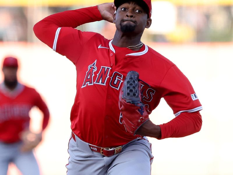 May 19, 2025; West Sacramento, California, USA; Los Angeles Angels starting pitcher Jose Soriano (59) delivers a pitch against the Athletics during the first inning at Sutter Health Park. Mandatory Credit: Dennis Lee-Imagn Images