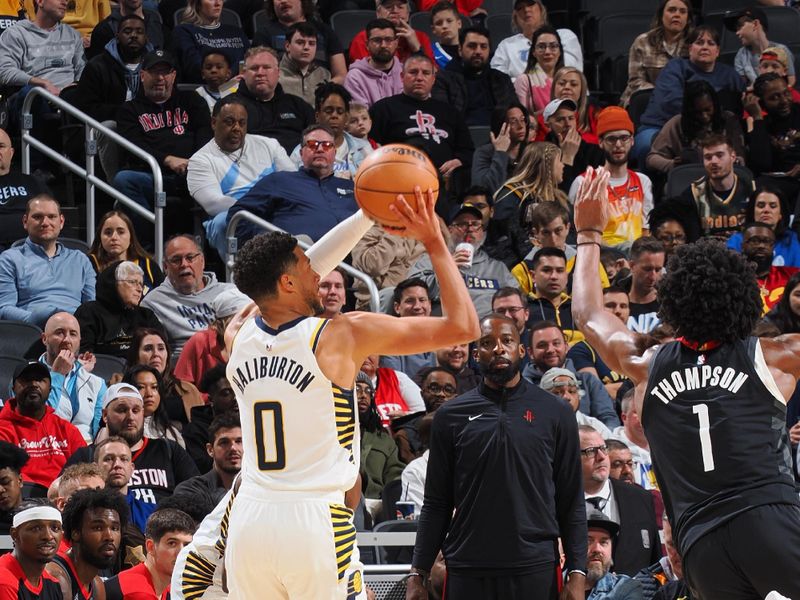 INDIANAPOLIS, IN - MARCH 4: Tyrese Haliburton #0 of the Indiana Pacers shoots a three point basket during the game against the Houston Rockets on March 4, 2025 at Gainbridge Fieldhouse in Indianapolis, Indiana. NOTE TO USER: User expressly acknowledges and agrees that, by downloading and or using this Photograph, user is consenting to the terms and conditions of the Getty Images License Agreement. Mandatory Copyright Notice: Copyright 2025 NBAE (Photo by Ron Hoskins/NBAE via Getty Images)