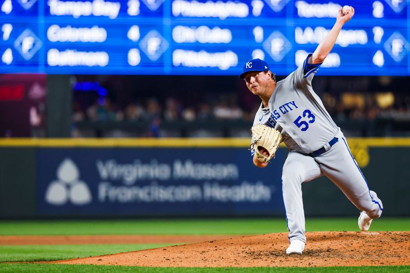 Aug 25, 2023; Seattle, Washington, USA; Kansas City Royals relief pitcher Austin Cox (53) throws against the Seattle Mariners during the fifth inning at T-Mobile Park. Mandatory Credit: Joe Nicholson-USA TODAY Sports