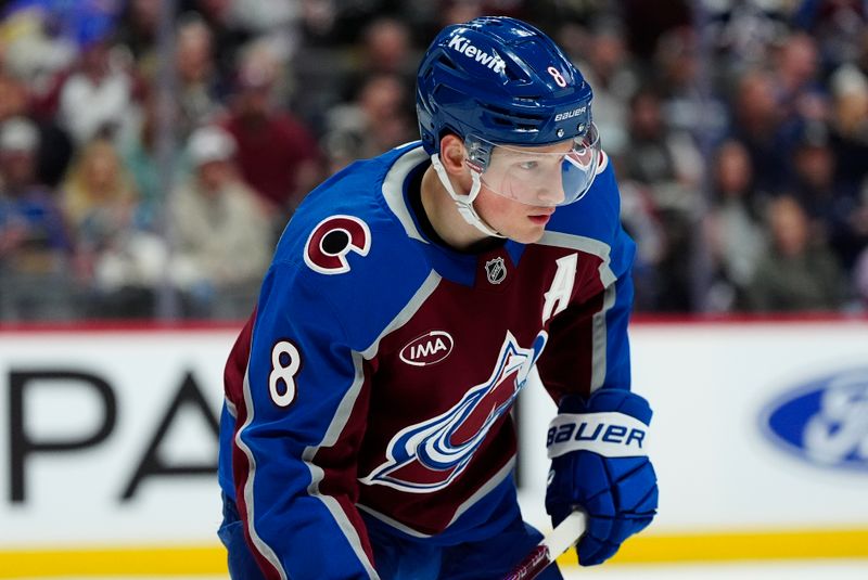 Apr 8, 2025; Denver, Colorado, USA; Colorado Avalanche defenseman Cale Makar (8) during the first period against the Vegas Golden Knights at Ball Arena. Mandatory Credit: Ron Chenoy-Imagn Images