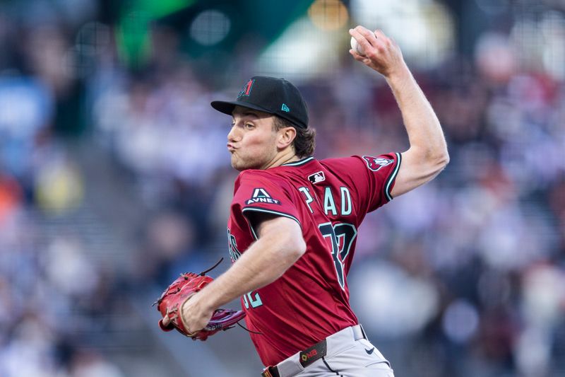 May 13, 2025; San Francisco, California, USA; Arizona Diamondbacks starting pitcher Brandon Pfaadt (32) throws against the San Francisco Giants during the first inning at Oracle Park. Mandatory Credit: John Hefti-Imagn Images