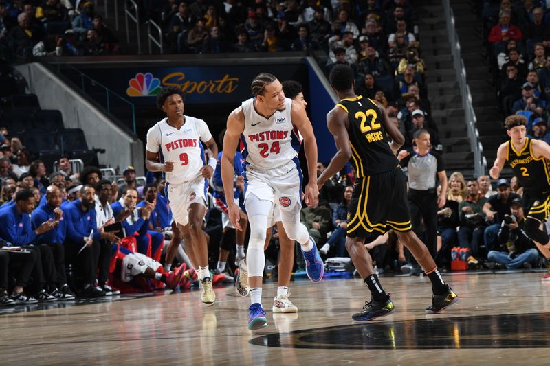 SAN FRANCISCO, CA - JANUARY 5: Kevin Knox II #24 of the Detroit Pistons looks on during the game against the Golden State Warriors on January 5, 2024 at Chase Center in San Francisco, California. NOTE TO USER: User expressly acknowledges and agrees that, by downloading and or using this photograph, user is consenting to the terms and conditions of Getty Images License Agreement. Mandatory Copyright Notice: Copyright 2024 NBAE (Photo by Noah Graham/NBAE via Getty Images)