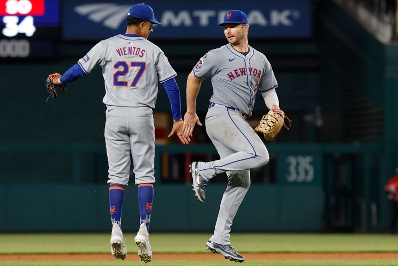 Jun 4, 2024; Washington, District of Columbia, USA; New York Mets third base Mark Vientos (27) celebrates with Mets first base Pete Alonso (20) after their game against the Washington Nationals at Nationals Park. Mandatory Credit: Geoff Burke-USA TODAY Sports