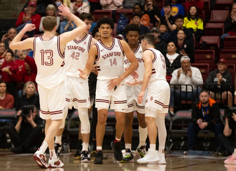 Feb 26, 2023; Stanford, California, USA; Stanford Cardinal forward Spencer Jones (14) reacts to being fouled on his made basket against the Washington Huskies during the second half at Maples Pavilion. Mandatory Credit: D. Ross Cameron-USA TODAY Sports