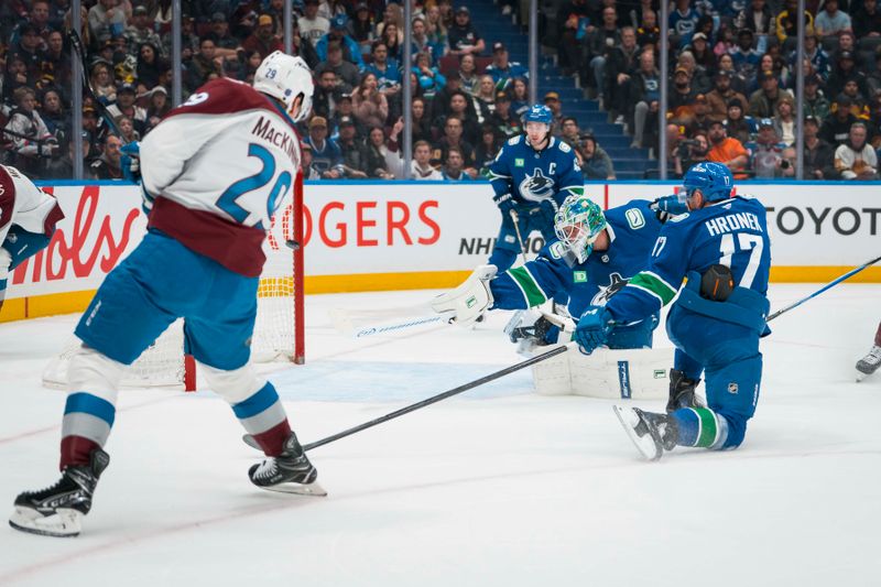 Nov 9, 2025; Vancouver, British Columbia, CAN; Colorado Avalanche forward Nathan MacKinnon (29) scores his first goal of the game on Vancouver Canucks goalie Kevin Lankinen (32) in the first period at Rogers Arena. Mandatory Credit: Bob Frid-Imagn Images