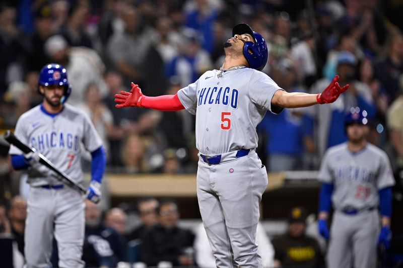 Apr 9, 2024; San Diego, California, USA; Chicago Cubs third baseman Christopher Morel (5) celebrates after hitting a grand slam home run during the fifth inning against the San Diego Padres at Petco Park. Mandatory Credit: Orlando Ramirez-USA TODAY Sports