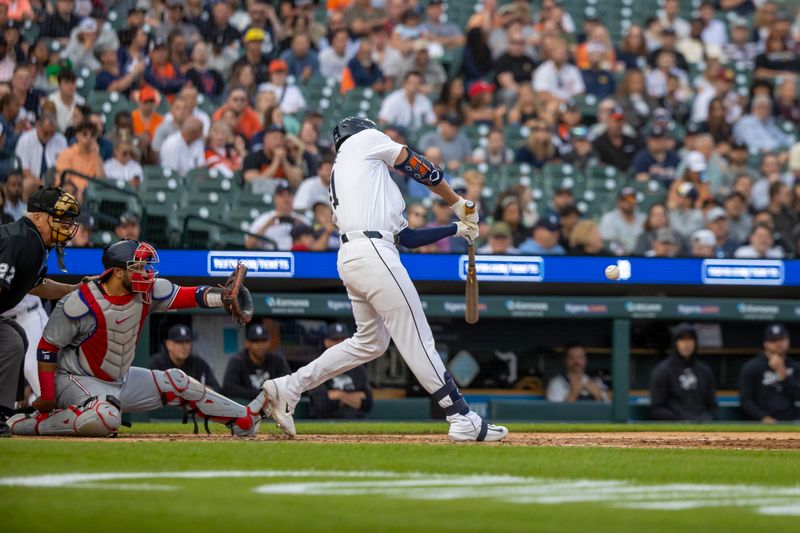 Jun 11, 2024; Detroit, Michigan, USA; Detroit Tigers outfielder Riley Greene (31) hits a triple in the fifth inning against the Washington Nationals at Comerica Park. Mandatory Credit: David Reginek-USA TODAY Sports