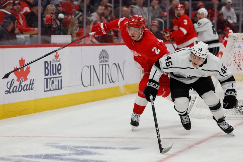 Jan 13, 2024; Detroit, Michigan, USA;  Detroit Red Wings defenseman Olli Maatta (2) and Los Angeles Kings center Blake Lizotte (46) fight for position in the first period at Little Caesars Arena. Mandatory Credit: Rick Osentoski-USA TODAY Sports