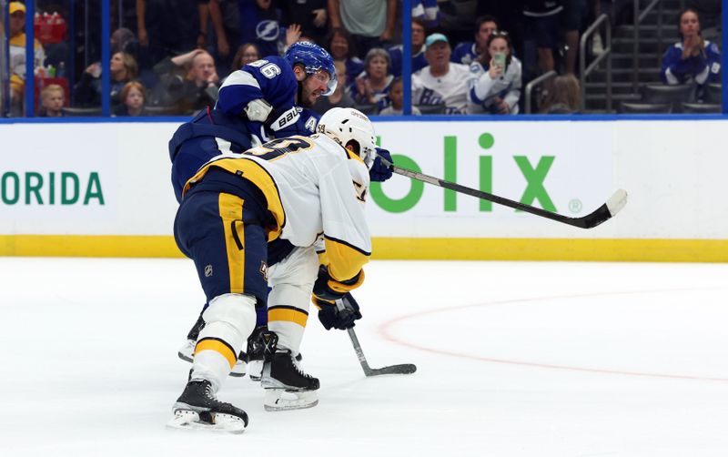 Oct 10, 2023; Tampa, Florida, USA; Tampa Bay Lightning right wing Nikita Kucherov (86) scores a goal against the Nashville Predators during the third period at Amalie Arena. Mandatory Credit: Kim Klement Neitzel-USA TODAY Sports