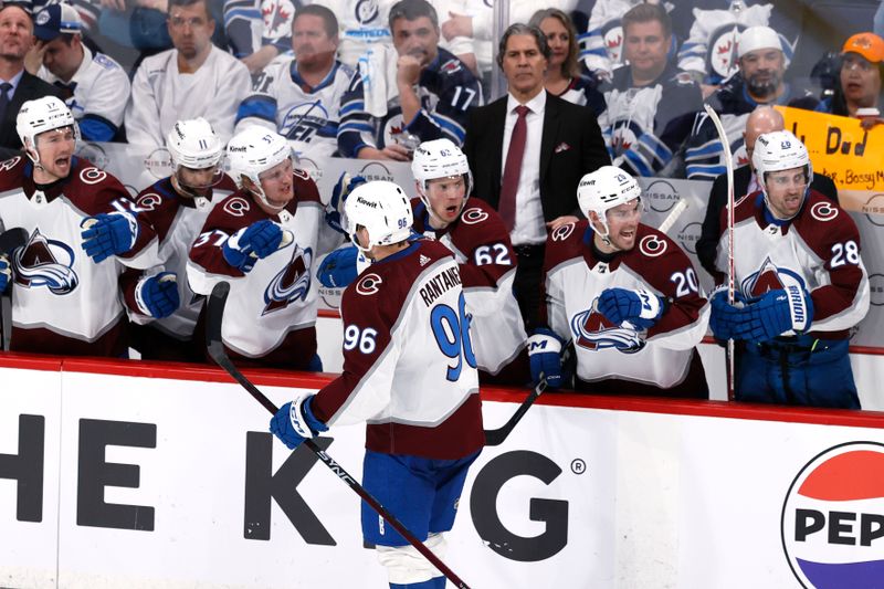 Apr 30, 2024; Winnipeg, Manitoba, CAN; Colorado Avalanche right wing Mikko Rantanen (96) celebrates his third period goal against the Winnipeg Jets in game five of the first round of the 2024 Stanley Cup Playoffs at Canada Life Centre. Mandatory Credit: James Carey Lauder-USA TODAY Sports