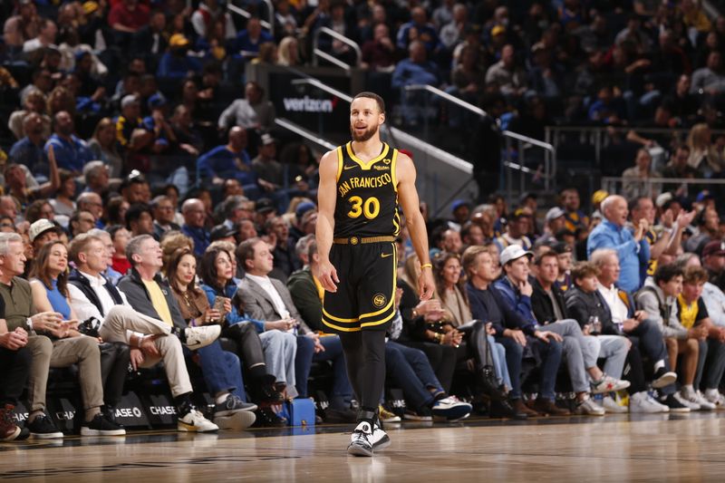 SAN FRANCISCO, CA - MARCH 22: Stephen Curry #30 of the Golden State Warriors looks on during the game against the Indiana Pacers on March 22, 2024 at Chase Center in San Francisco, California. NOTE TO USER: User expressly acknowledges and agrees that, by downloading and or using this photograph, user is consenting to the terms and conditions of Getty Images License Agreement. Mandatory Copyright Notice: Copyright 2024 NBAE (Photo by Jed Jacobsohn/NBAE via Getty Images)