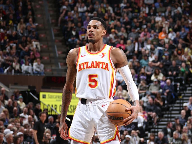 SALT LAKE CITY, UT - MARCH 15:  Dejounte Murray #5 of the Atlanta Hawks shoots a free throw during the game on March 15, 2024 at Delta Center in Salt Lake City, Utah. NOTE TO USER: User expressly acknowledges and agrees that, by downloading and or using this Photograph, User is consenting to the terms and conditions of the Getty Images License Agreement. Mandatory Copyright Notice: Copyright 2024 NBAE (Photo by Melissa Majchrzak/NBAE via Getty Images)