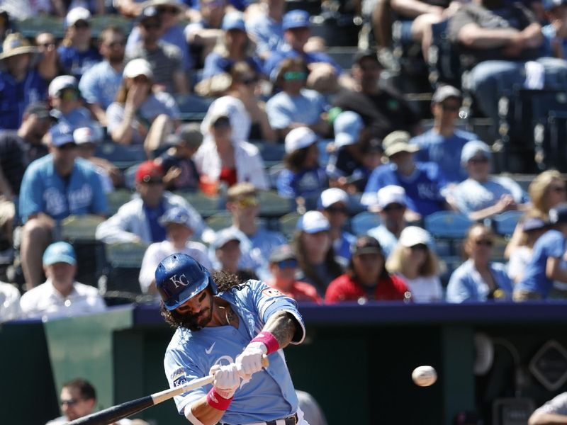 May 11, 2025; Kansas City, Missouri, USA; Kansas City Royals third base Jonathan India (6) hits the ball at Kauffman Stadium. Mandatory Credit: Gary Rohman-Imagn Images