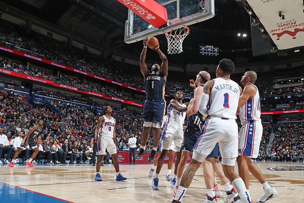 NEW ORLEANS, LA - NOVEMBER 29: Zion Williamson #1 of the New Orleans Pelicans shoots the ball during the game against the Philadelphia 76ers on November 29, 2023 at the Smoothie King Center in New Orleans, Louisiana. NOTE TO USER: User expressly acknowledges and agrees that, by downloading and or using this Photograph, user is consenting to the terms and conditions of the Getty Images License Agreement. Mandatory Copyright Notice: Copyright 2023 NBAE (Photo by Layne Murdoch Jr./NBAE via Getty Images)