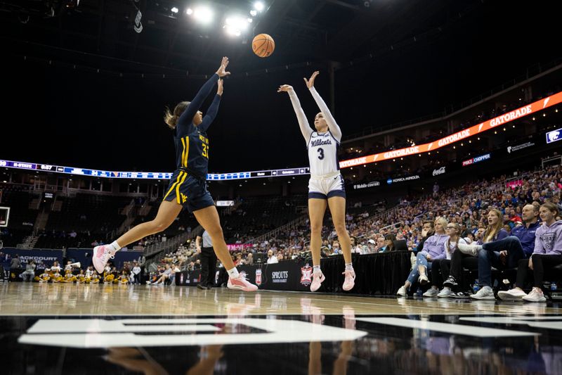 Mar 9, 2024; Kansas City, MO, USA; Kansas State Wildcats guard Jaelyn Glenn (3) shoots the ball while defended by West Virginia Mountaineers guard Kyah Watson (32) during the second half at T-Mobile Center. Mandatory Credit: Amy Kontras-USA TODAY Sports