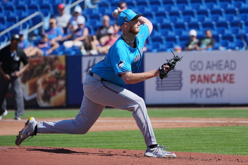 Feb 27, 2024; Port St. Lucie, Florida, USA;  Miami Marlins pitcher A.J. Puk (35) pitches against the New York Mets in the first inning at Clover Park. Mandatory Credit: Jim Rassol-USA TODAY Sports