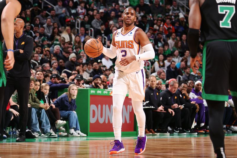 BOSTON, MA - FEBRUARY 3: Chris Paul #3 of the Phoenix Suns dribbles the ball during the game against the Boston Celtics on February 3, 2023 at TD Garden in Boston, Massachusetts.  NOTE TO USER: User expressly acknowledges and agrees that, by downloading and or using this photograph, User is consenting to the terms and conditions of the Getty Images License Agreement. Mandatory Copyright Notice: Copyright 2022 NBAE  (Photo by Nathaniel S. Butler/NBAE via Getty Images)