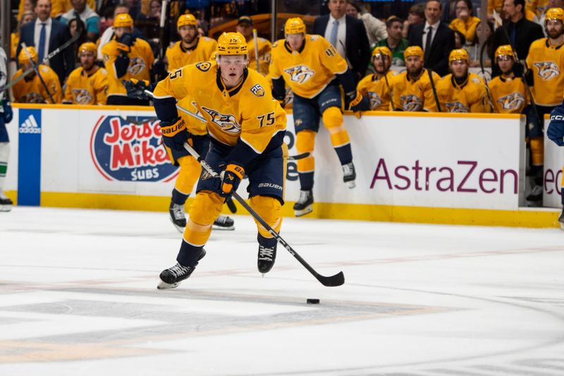 May 3, 2024; Nashville, Tennessee, USA; Nashville Predators center Juuso Parssinen (75) skates up ice against the Vancouver Canucks during the first period in game six of the first round of the 2024 Stanley Cup Playoffs at Bridgestone Arena. Mandatory Credit: Steve Roberts-USA TODAY Sports