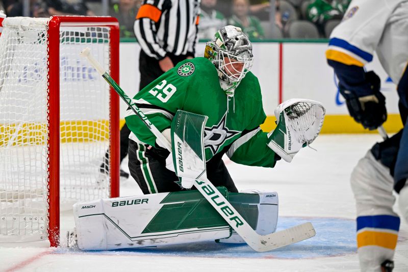 Sep 26, 2022; Dallas, Texas, USA; Dallas Stars goaltender Jake Oettinger (29) faces the St. Louis Blues attack during the third period at the American Airlines Center. Mandatory Credit: Jerome Miron-USA TODAY Sports