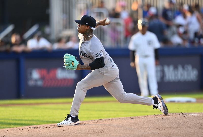 Aug 18, 2024; Williamsport, Pennsylvania, USA; New York Yankees starting pitcher Marcus Stroman (0) throws a pitch against the Detroit Tigers in the first inning at BB&T Ballpark at Historic Bowman Field. Mandatory Credit: Kyle Ross-USA TODAY Sports