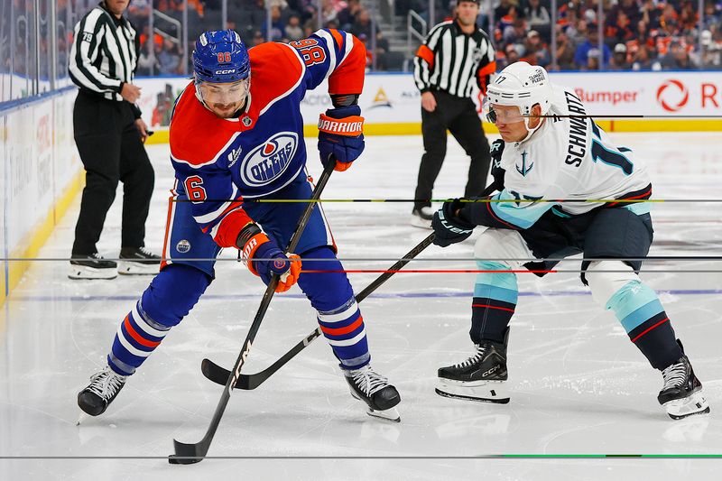 Sep 24, 2025; Edmonton, Alberta, CAN; Edmonton Oilers forward David Tomasek (86) and Seattle Kraken forward Jaden Schwartz (17) battle along the boards for a loose puck during the third period at Rogers Place. Mandatory Credit: Perry Nelson-Imagn Images