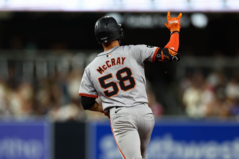 Sep 7, 2024; San Diego, California, USA; San Francisco Giants center fielder Grant McCray (58) runs the bases after hitting a two run home run against the San Diego Padres during the ninth inning at Petco Park. Mandatory Credit: Chadd Cady-Imagn Images