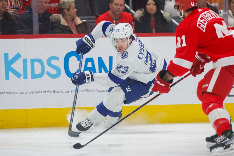 Jan 21, 2024; Detroit, Michigan, USA; Tampa Bay Lightning center Michael Eyssimont (23) handles the puck during the first period at Little Caesars Arena. Mandatory Credit: Brian Bradshaw Sevald-USA TODAY Sports