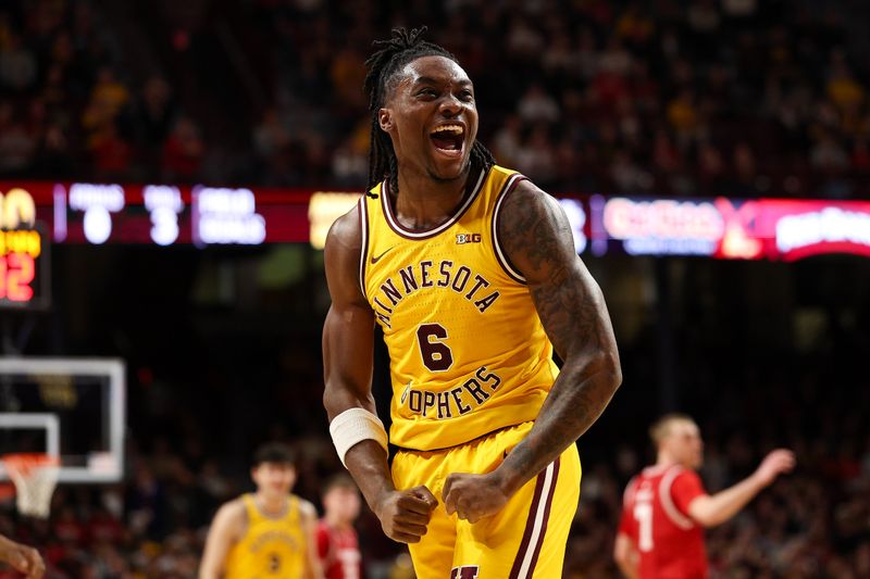 Jan 13, 2026; Minneapolis, Minnesota, USA; Minnesota Golden Gophers guard Langston Reynolds (6) celebrates during the second half against the Wisconsin Badgers at Williams Arena. Mandatory Credit: Matt Krohn-Imagn Images