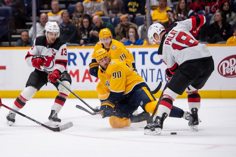 Feb 13, 2024; Nashville, Tennessee, USA;  Nashville Predators center Ryan O'Reilly (90) takes a shot through the legs of New Jersey Devils left wing Ondrej Palat (18) during the third period at Bridgestone Arena. Mandatory Credit: Steve Roberts-USA TODAY Sports