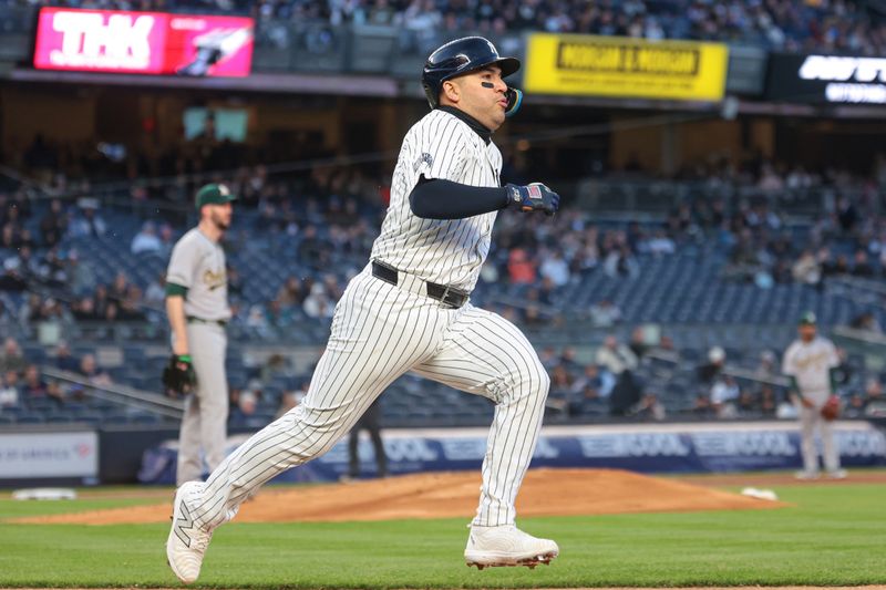 Apr 25, 2024; Bronx, New York, USA; New York Yankees catcher Jose Trevino (39) runs the bases during his solo home run off Oakland Athletics starting pitcher Alex Wood (57) during the second inning at Yankee Stadium. Mandatory Credit: Vincent Carchietta-USA TODAY Sports