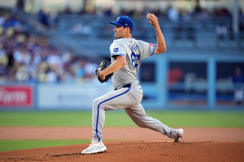 Jun 15, 2024; Los Angeles, California, USA; Kansas City Royals starting pitcher Seth Lugo (67) throws in the first inning against the Los Angeles Dodgers at Dodger Stadium. Mandatory Credit: Kirby Lee-USA TODAY Sports