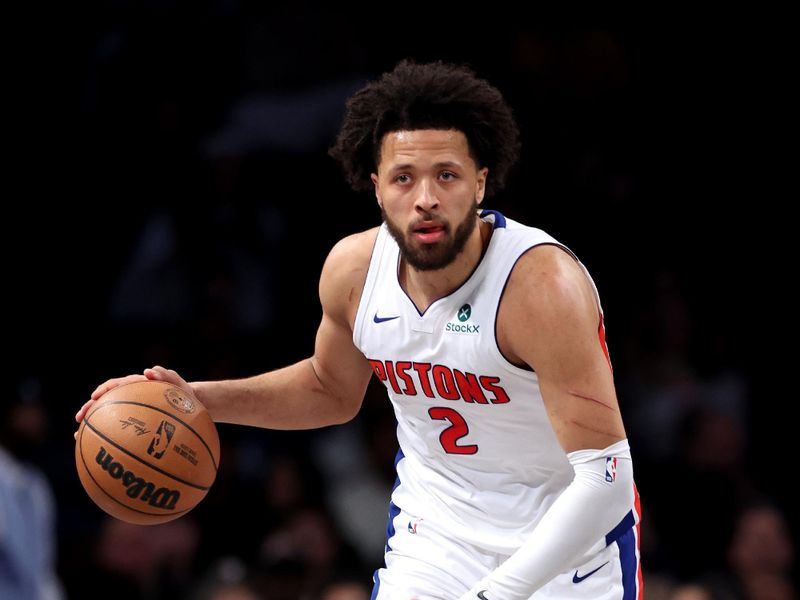 NEW YORK, NEW YORK - JANUARY 08: Cade Cunningham #2 of the Detroit Pistons dribbles the ball against the Brooklyn Nets during the third quarter at Barclays Center on January 08, 2025 in the Brooklyn borough of New York City. NOTE TO USER: User expressly acknowledges and agrees that, by downloading and or using this photograph, user is consenting to the terms and conditions of the Getty Images License Agreement.  (Photo by Luke Hales/Getty Images)