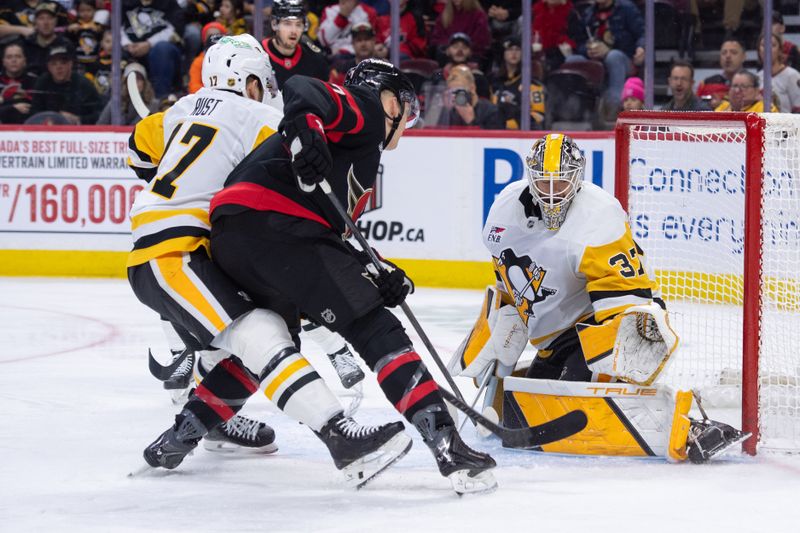 Dec 18, 2025; Ottawa, Ontario, CAN; Ottawa Senators left wing Brady Tkachuk (7) shoots on Pittsburgh Penguins goalie Arturs Silovs (37) in the first period at the Canadian Tire Centre. Mandatory Credit: Marc DesRosiers-IMAGN Images