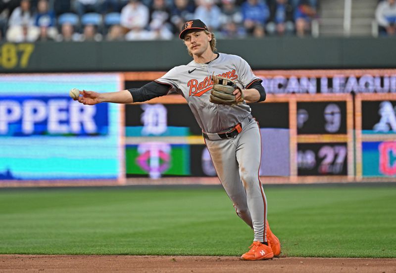 Apr 19, 2024; Kansas City, Missouri, USA; Baltimore Orioles shortstop Gunnar Henderson (2) throws the ball to first base for an out in the third inning against the Kansas City Royals at Kauffman Stadium. Mandatory Credit: Peter Aiken-USA TODAY Sports