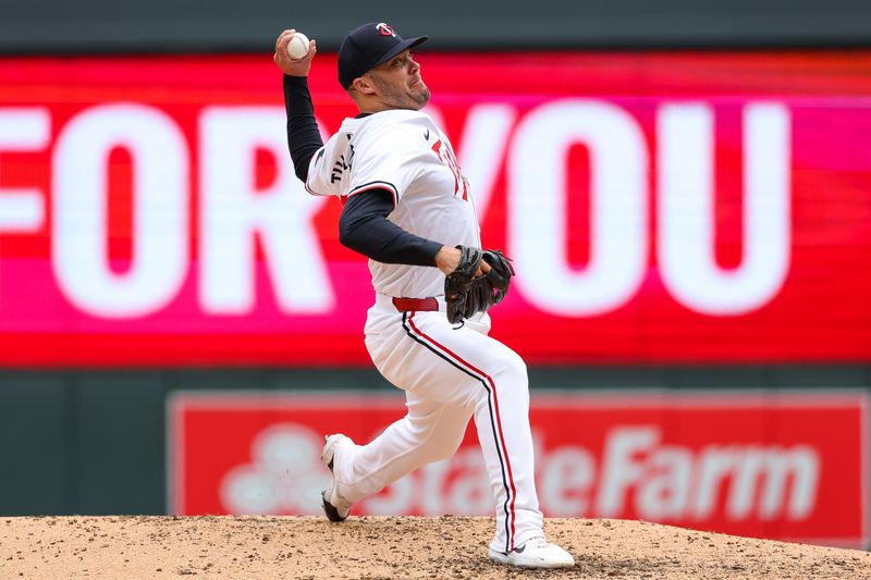 May 16, 2024; Minneapolis, Minnesota, USA; Minnesota Twins relief pitcher Caleb Thielbar (56) delivers a pitch against the New York Yankees during the sixth inning at Target Field. Mandatory Credit: Matt Krohn-USA TODAY Sports