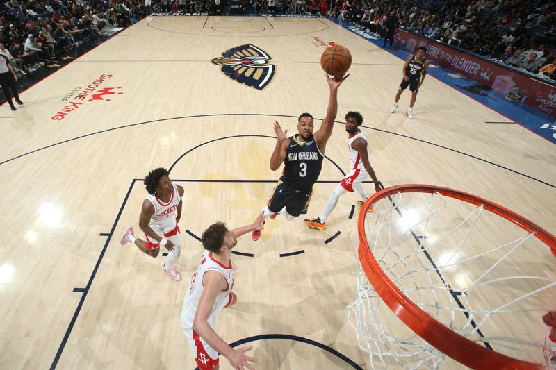 NEW ORLEANS, LA - MARCH 6: CJ McCollum #3 of the New Orleans Pelicans shoots the ball during the game against the Houston Rockets on March 6, 2025 at the Smoothie King Center in New Orleans, Louisiana. NOTE TO USER: User expressly acknowledges and agrees that, by downloading and or using this Photograph, user is consenting to the terms and conditions of the Getty Images License Agreement. Mandatory Copyright Notice: Copyright 2025 NBAE (Photo by Layne Murdoch Jr./NBAE via Getty Images)