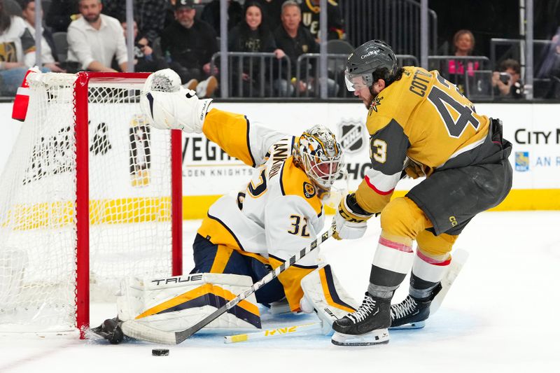 Feb 20, 2024; Las Vegas, Nevada, USA; Vegas Golden Knights center Paul Cotter (43) shoots against Nashville Predators goaltender Kevin Lankinen (32) during the second period at T-Mobile Arena. Mandatory Credit: Stephen R. Sylvanie-USA TODAY Sports