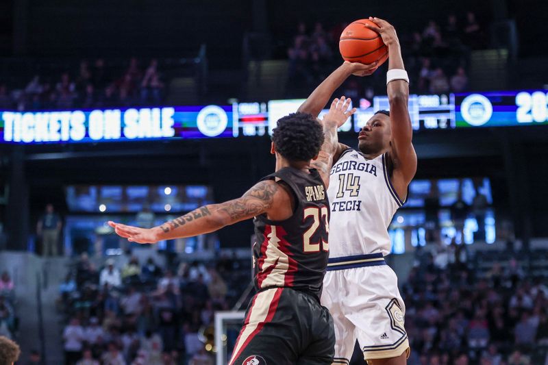Mar 2, 2024; Atlanta, Georgia, USA; Georgia Tech Yellow Jackets guard Kowacie Reeves Jr. (14) shoots over Florida State Seminoles guard Primo Spears (23) in the second half at McCamish Pavilion. Mandatory Credit: Brett Davis-USA TODAY Sports