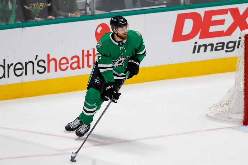 Mar 16, 2024; Dallas, Texas, USA;  Dallas Stars defenseman Jani Hakanpaa (2) handles the puck during the second period against the Los Angeles Kings at American Airlines Center. Mandatory Credit: Andrew Dieb-USA TODAY Sports