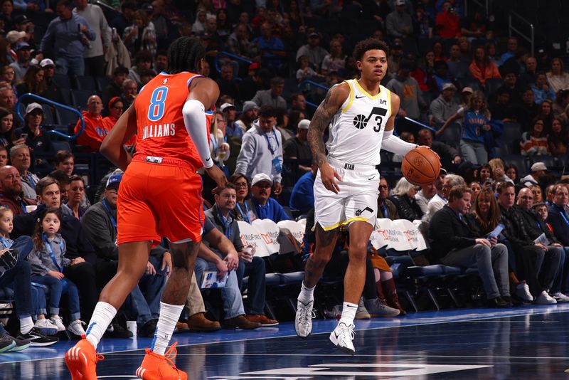 OKLAHOMA CITY, OK - DECEMBER 3: Keyonte George #3 of the Utah Jazz dribbles the ball during the game against the Oklahoma City Thunder during the Emirates NBA Cup game on on December 3, 2024 at Paycom Center in Oklahoma City, Oklahoma. NOTE TO USER: User expressly acknowledges and agrees that, by downloading and or using this photograph, User is consenting to the terms and conditions of the Getty Images License Agreement. Mandatory Copyright Notice: Copyright 2024 NBAE (Photo by Zach Beeker/NBAE via Getty Images)