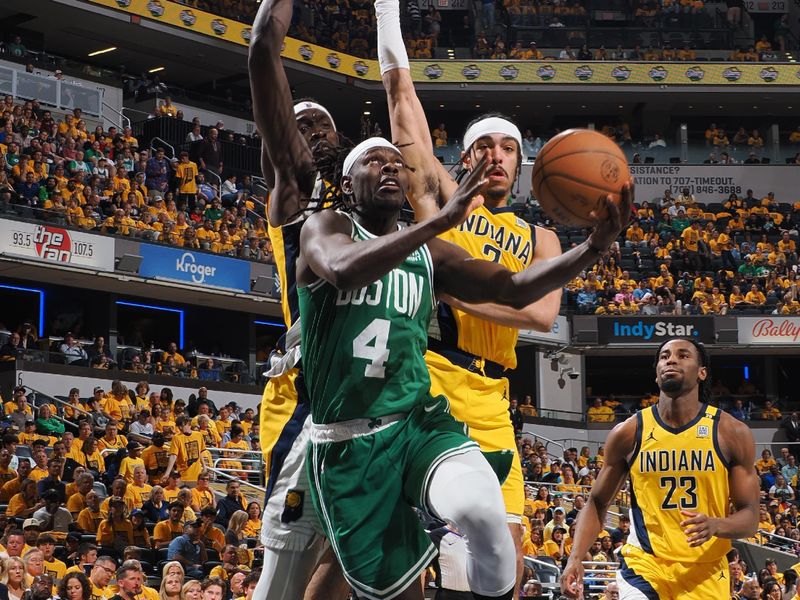 INDIANAPOLIS, IN - MAY 27: Jrue Holiday #4 of the Boston Celtics shoots the ball during the game against the Indiana Pacers during Game 4 of the Eastern Conference Finals of the 2024 NBA Playoffs on May 27, 2024 at Gainbridge Fieldhouse in Indianapolis, Indiana. NOTE TO USER: User expressly acknowledges and agrees that, by downloading and or using this Photograph, user is consenting to the terms and conditions of the Getty Images License Agreement. Mandatory Copyright Notice: Copyright 2024 NBAE (Photo by Ron Hoskins/NBAE via Getty Images)